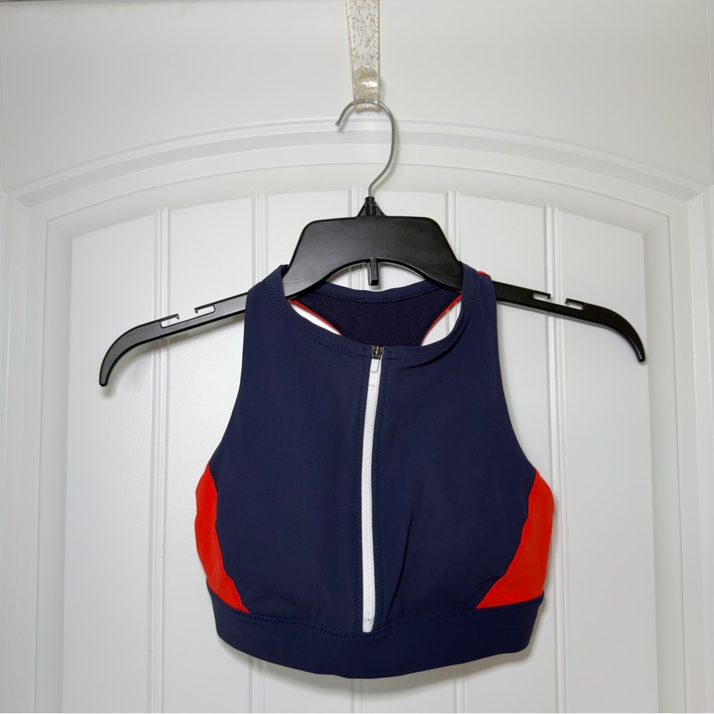 Athleta XXS Navy‎ Orange Colorblock Zip Front Racerback Workout Light Padding